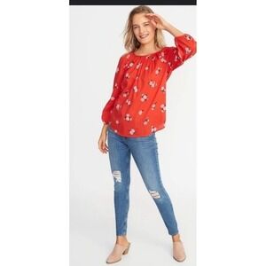 Old Navy Women Large Peasant Floral Red Pullover Shirt‎ Summer Vacation Casual